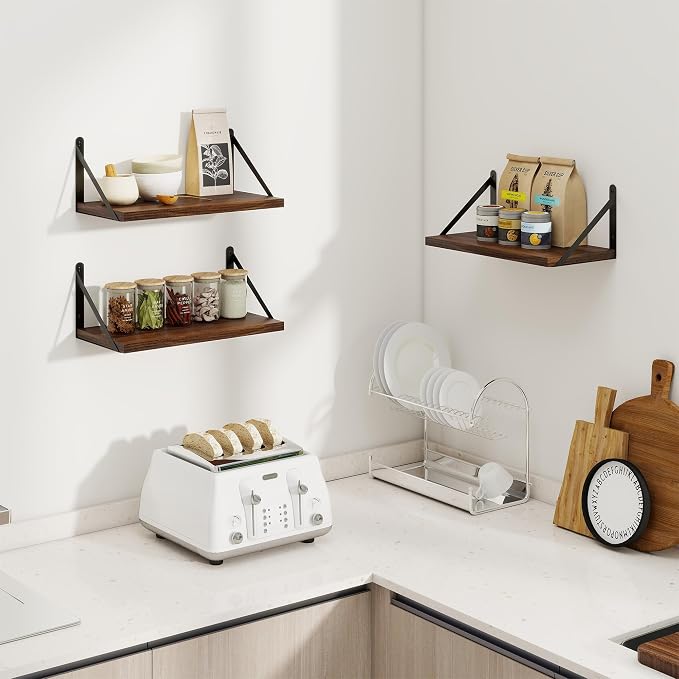 Heimlove Floating Shelves for Wall Set of 3,Light Wood Wall Mounted Bookshelf Decorative Shelf for Living Room Bathroom Bedroom Kitchen Laundry Pictures Plants Books Cats TV,Walnut Color