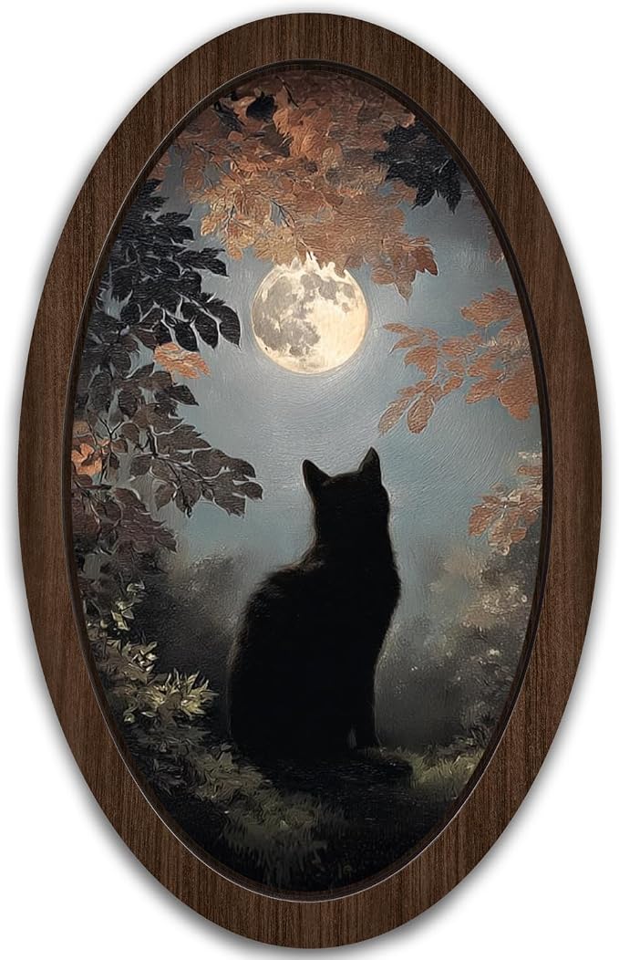 UYIKG Vintage Black Cat Moon Oval Wall Art,Rustic Farmhouse Cottagecore Oval Wall Decor,Farmhouse Country Wooden Framed Decor for Home Bedroom Living Room Reading Room 9x14.6 in