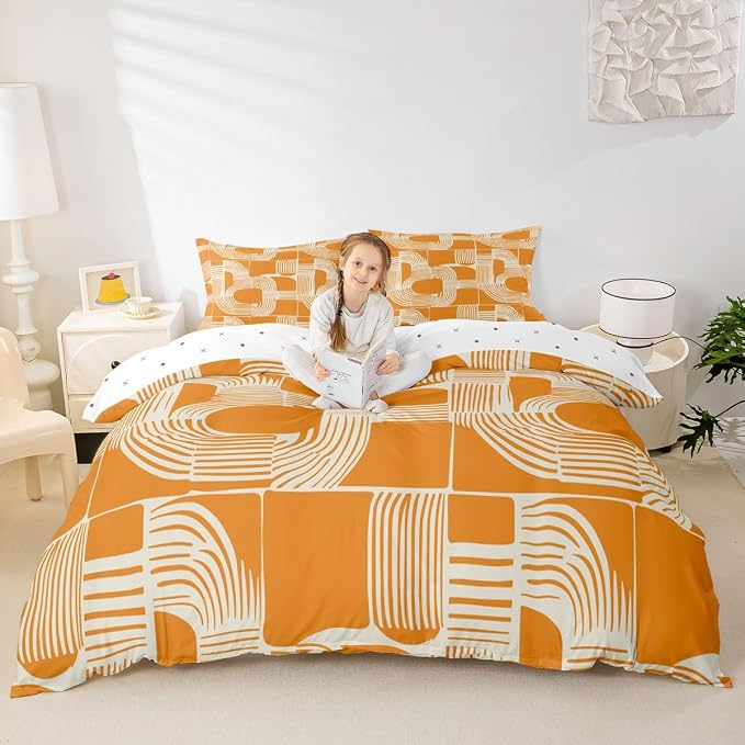 Erosebridal Mid Century Comforter Cover Full Size Bohemian Ethnic Kids Duvet Cover Boho Geometric Bedding Set for Boys Teens Adult Bedroom Decor Modern Simple Orange Stripes Bed Sets