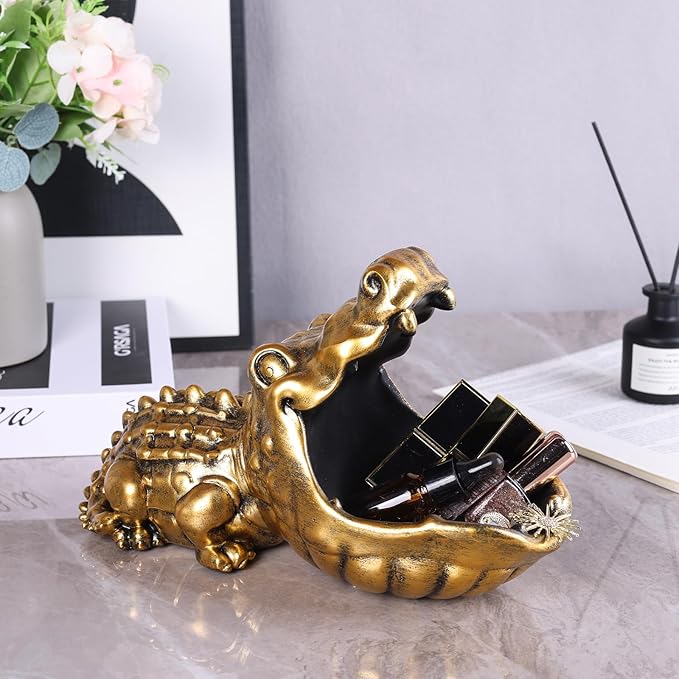 Alligator Statue Key Bowl, Fun Animal Statue Candy Dish for Entryway Decorative Bowl, Office Candy Dish, Big Mouth Sculpture Home Living Room Trinket Container Storage Box (Gold)