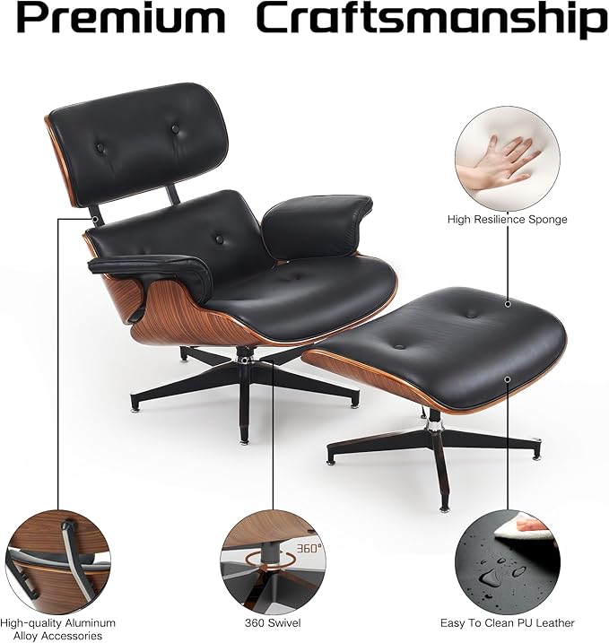 Mid-Century Modern Lounge Chair and Ottoman Set, PU Leather Accent Chair with Wood Finish, Modern Chair Classic Design Recline Swivel Reading Chair Heavy Duty Base Support for Living Room, Office