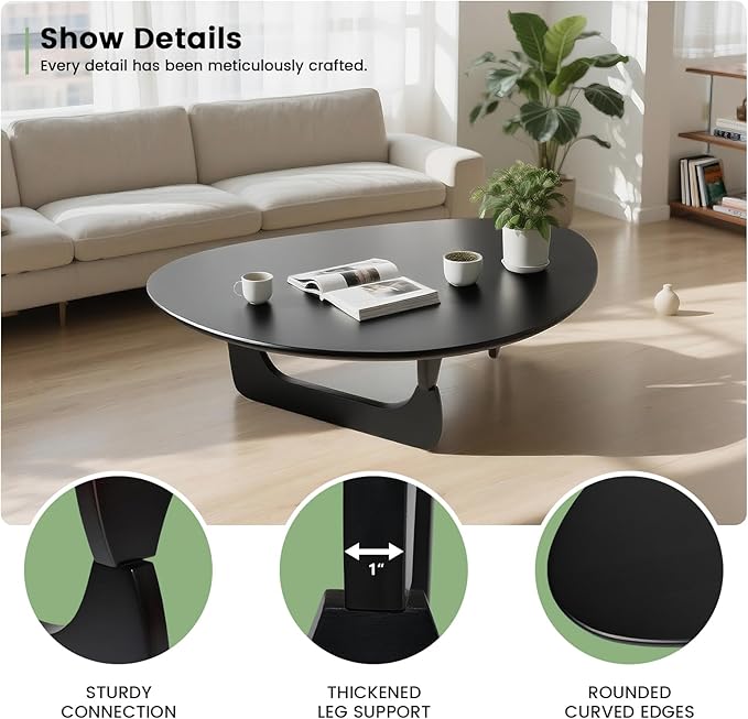 Solid Wooden Modern Triangle Coffee Table: Unique Funky Coffee Tables for Living Room, Oval Mid-Century Irregular Abstract Tea Tables for Patio Office Balcony Bedroom (Black, 50" L x 31" W x 16" H)