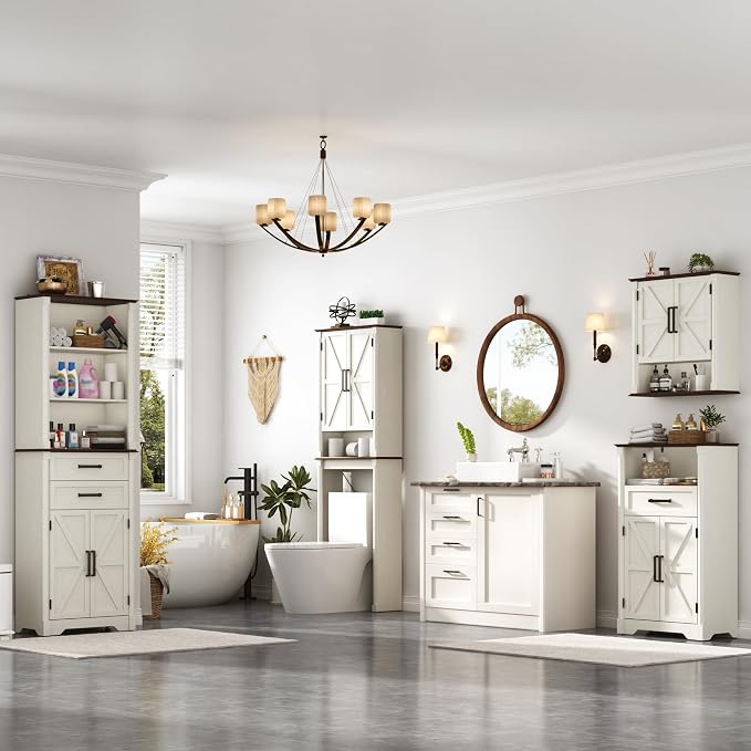 jiteentarou Farmhouse Bathroom Storage Cabinet,Over The Toilet Storage Cabinet with Roman Column Decor,Tall Over The Toilet Shelf with Barn Doors,Over Toilet Bathroom Organizer(Rustic White)