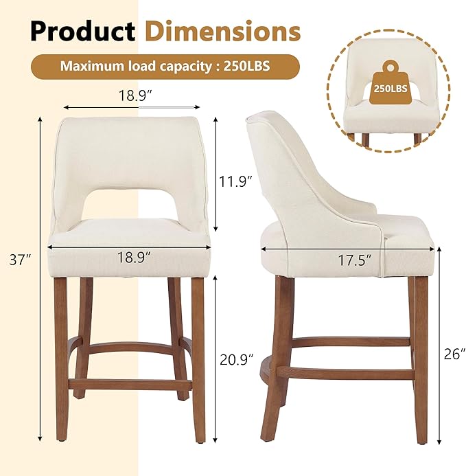 ClinQ Bar Stools Set of 2, 26" H Counter Height Bar Stools with Backs, Modern Upholstered Accent Barstools with Curved Footrest for Kitchen Island, Dining Room and Bar, Beige-Walnut Legs