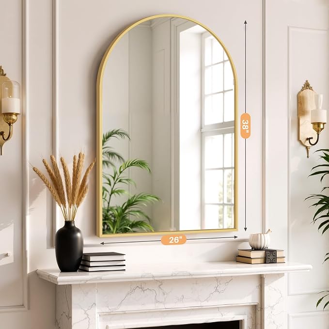 Bathroom Mirror for Wall, 38x26 Inch Arched Mirror, Matte Gold Metal Framed Bathroom Vanity Mirrors for Restroom Farmhouse, Anti-Rust, Tempered Glass, Hanging or Leaning