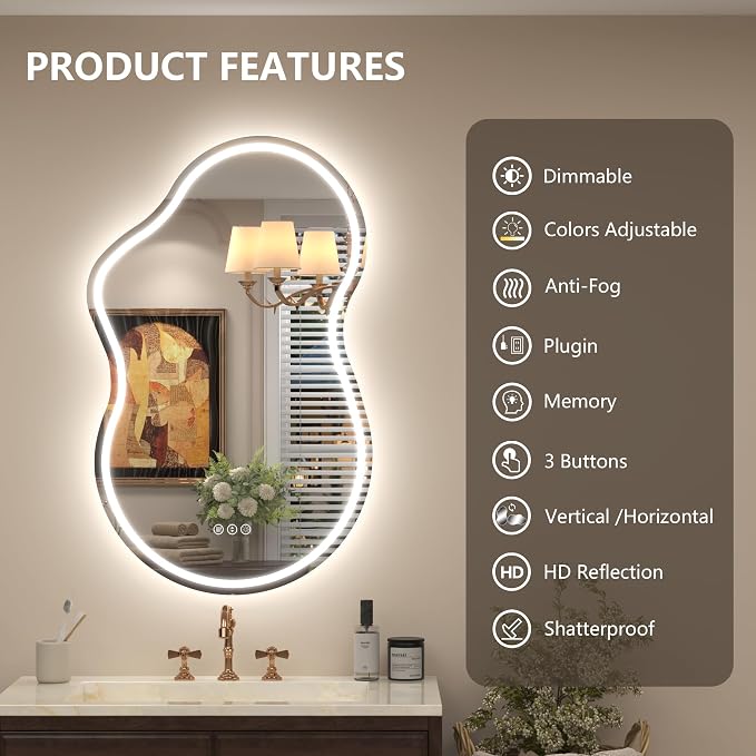 Irregular Led Bathroom Mirror with Lights 20x32 Inch, Asymmetrical Cloud Lighted Vanity Mirror for Wall, Anti-Fog, Dimmable, Memory, 3 Colors, Shatterproof (Horizontal/Vertical)