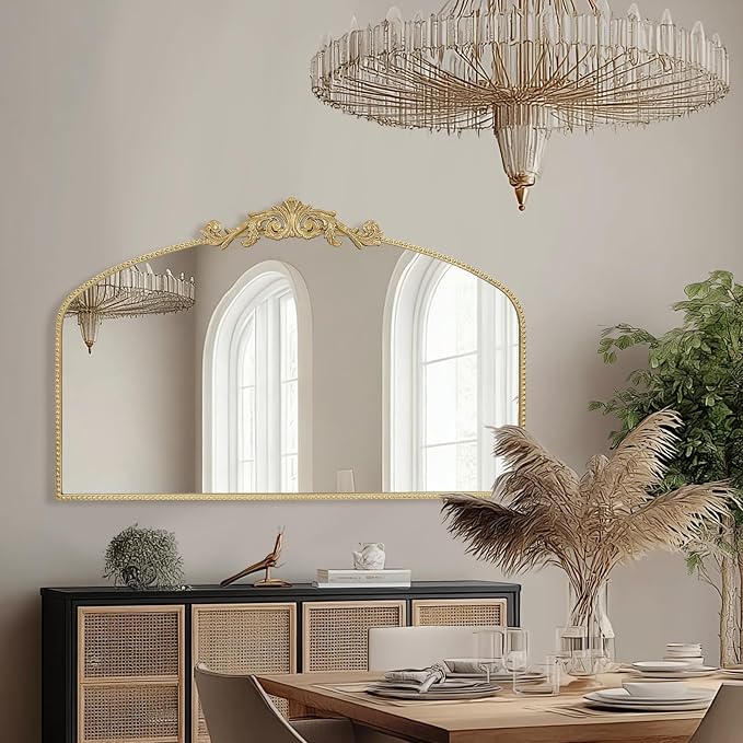 Vintage Gold Arched Mirror 48"X30", Large Victorian Antique Baroque Mantel Wall Mirror with Ornate Metal Frame for Entryway/Fireplace/Living Room/Hallway/Bathroom/Bedroom
