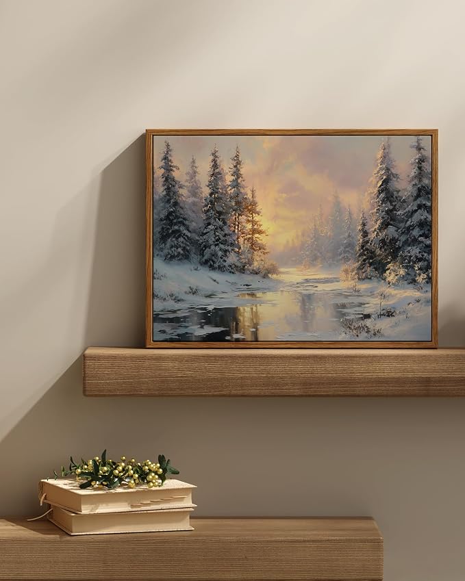 InSimSea Christmas Decor Framed Wall Art, Winter snow scene Canvas Painting, Warm and peaceful Holiday decor Unique Christmas Gifts For Table Wall Farmhouse Mantel Home Office 12L x 16W