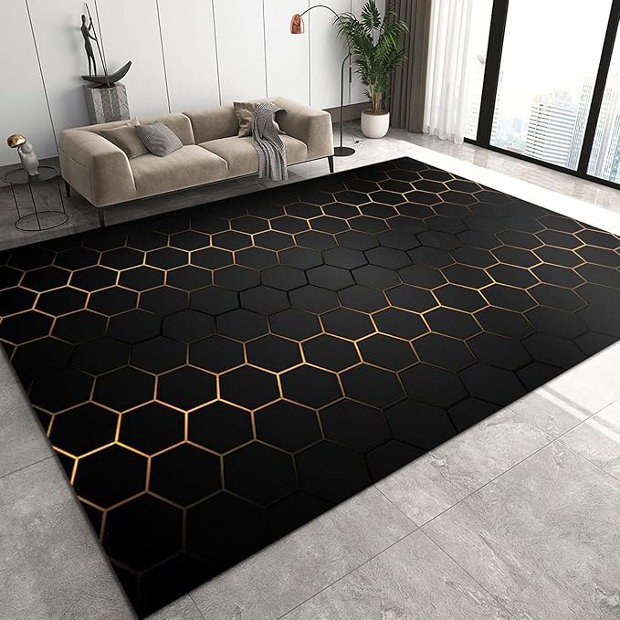 5x7 Area Rug Honeycomb Black Gold Hexagon Soft Washable Carpet, Black and Gold Line Art Easy Clean Rugs for Boys and Girls Nursery Bed Living Room Carpets Nursery Decor Rugs