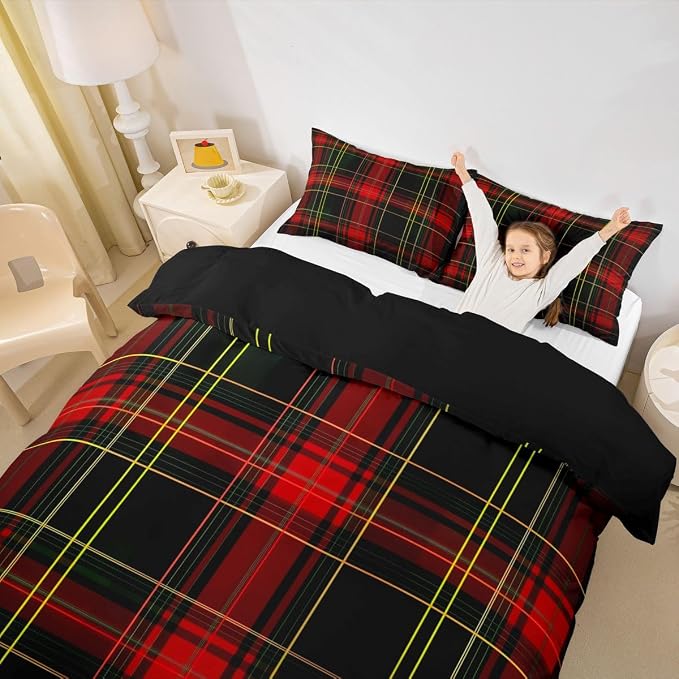 Erosebridal Red Black Grid Duvet Cover Queen Modern Classic Geometric Tartan Bedding Set for Kids Teens Buffalo Plaid Bedspread Cover Striped Check Vintage Farmhouse Bed Set with Zipper