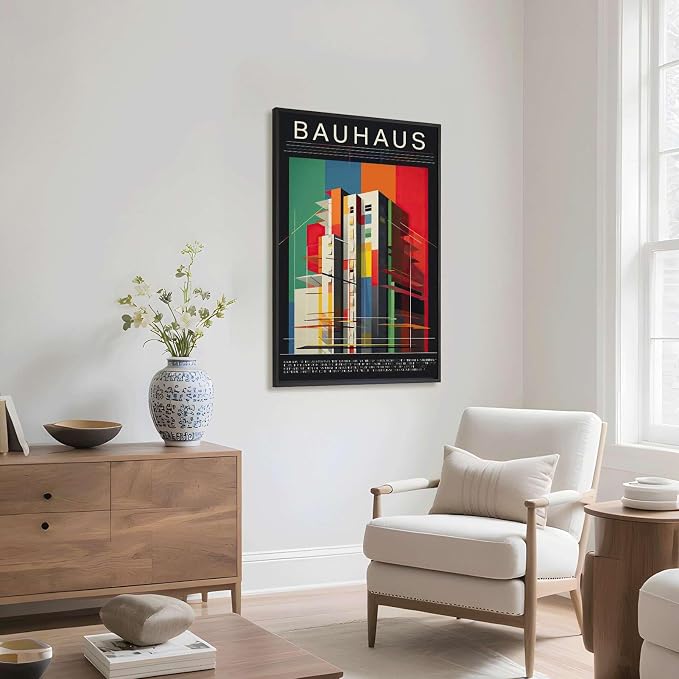 Framed Bauhaus Geometric Architecture Poster Canvas Print Art Modern Contemporary Minimalist Aesthetic Wall Art Painting Pictures Wall Decor Exquisite Home Decor for Living Room Office Apartment (Black framed,24L"X36W")