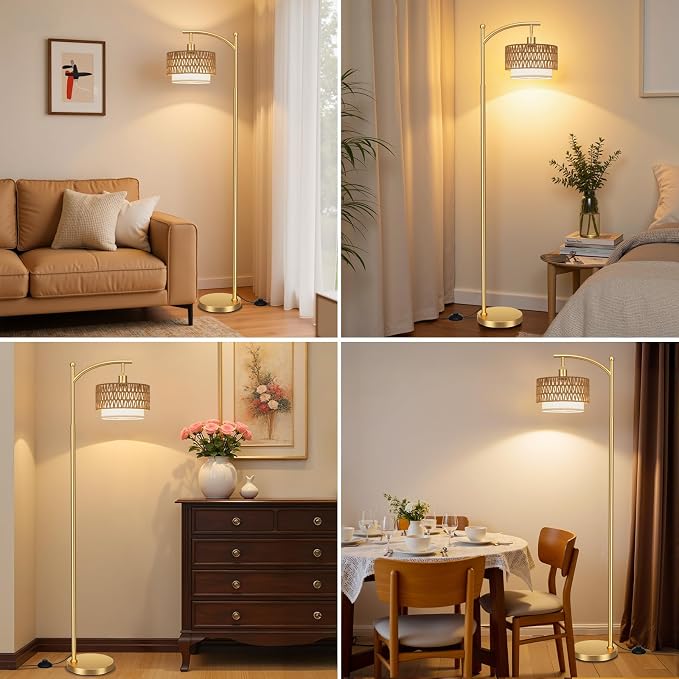 Ambimall Arc Floor Lamp for Living Room with Remote, Color Temperature & Brightness Adjustable, Boho Standing Lamp with Rattan & Fabric Double Drum Shades, Bulb Included(Gold)