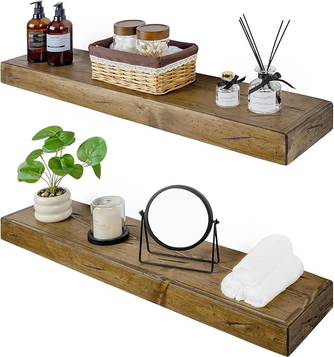 Floating Shelves 3 inch Thick for Wall Set of 2,Solid Pine Wood Wall Mount Shelf for Kitchen Living Room Bedroom Bathroom,8" D x 30" L x 3" H-Distressed Black Walnut