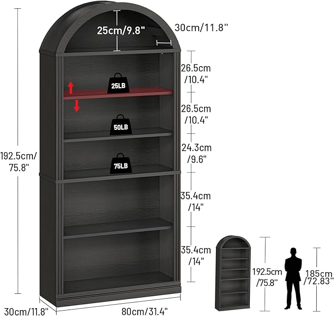 RALGEND Arched Bookshelf, 75.8" Tall Arch Bookcase with Storage, 6-Tier Farmhouse Book Shelf, Arched Cabinet, Wooden Bookshelf with Open Display Shelves, Adjustable Shelf, Office, Black