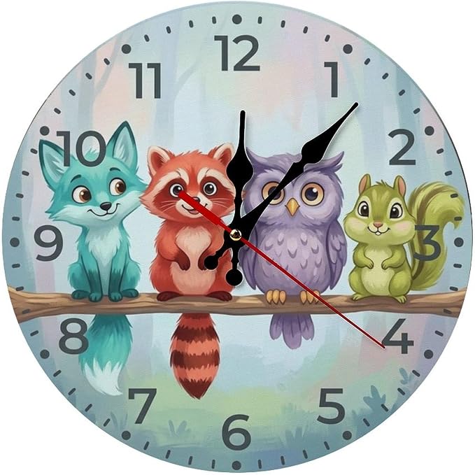 Cute Woodland Animals Wooden Wall Clock Silent Non-Ticking Quartz Battery Operated for Kids Bedroom, Nursery Room Decor, Playroom & Office Gift (10/12 Inch)