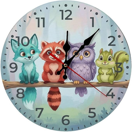 Cute Woodland Animals Wooden Wall Clock Silent Non-Ticking Quartz Battery Operated for Kids Bedroom, Nursery Room Decor, Playroom & Office Gift (10/12 Inch)