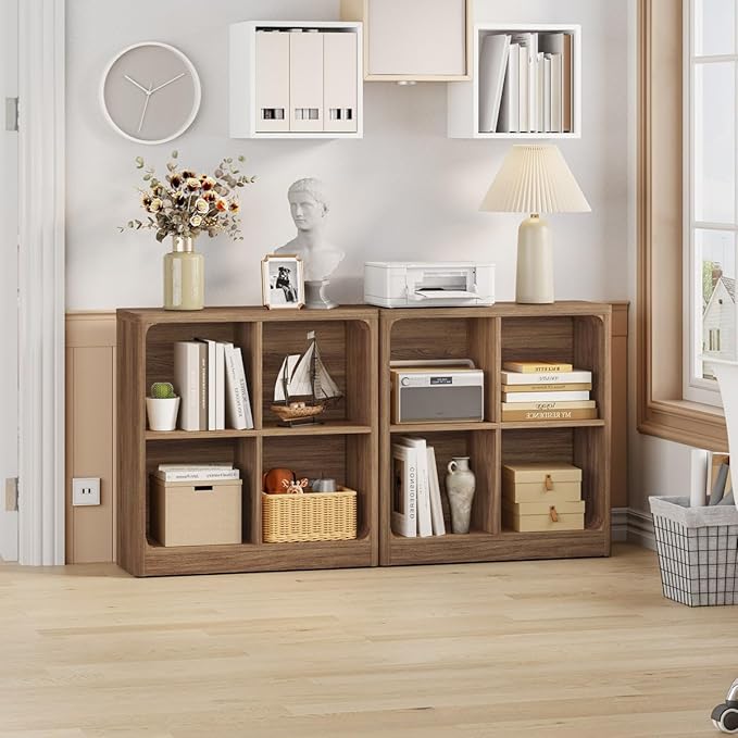 FATORRI 4 Cube Storage Bookcase, Rustic Wood Cube Bookcase Shelf Organizer, Small Storage Bookshelf for Living Room, Bedroom, Office (Walnut, 29.53" W)