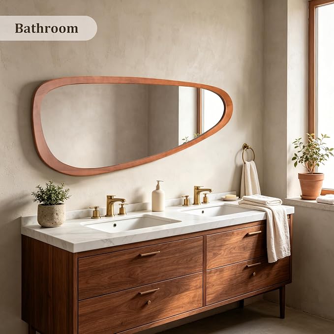 HOMECOOKIN 60" H x 22" W Asymmetrical Mirror Full Length, Irregular Wooden Wall Mirror for Bedroom, Living Room,Entryway– Boho Mid-Century Modern Decorative Mirror, Solid Wood Frame(Walnut)