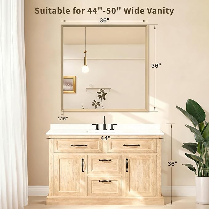 Oak Wood Effect Framed Wall Mirror, 36x36 Rectangle Mirror, Anti-desilvering Tempered Glass, Sustainable& Sturdy Frame, Anti-Rust, HD Reflection &3min Fast Setup for Bathroom Living Room