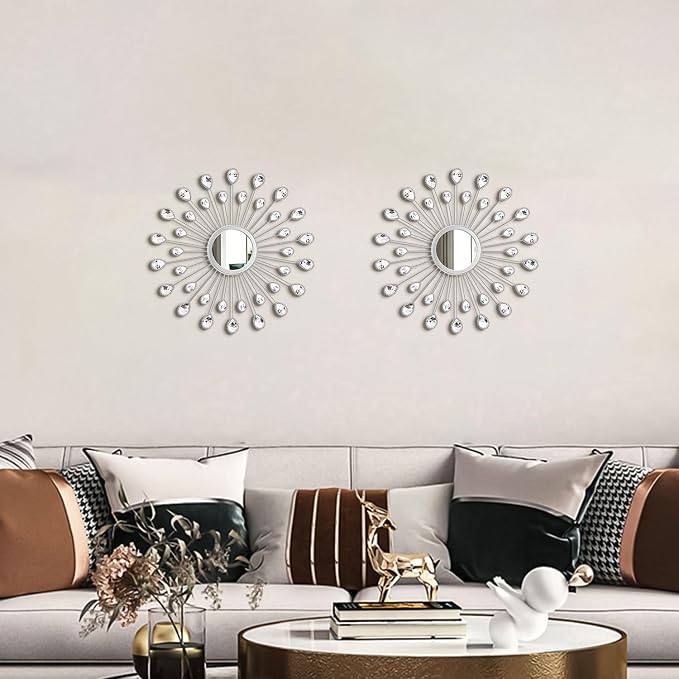 2 Pack Metal Mirrors for Wall Boho Sunburst Wall Mirror Home Decor Modern Decorative Wall Art for Bedroom Living Room Entryway