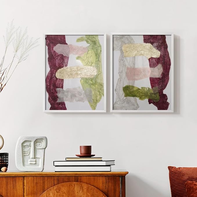 Renditions Gallery Set of 2 Peel & Stick Framed Prints, Abstract Wall Art, Mix Color Dyed Textures Wall Decor, Re-Stickable - Ready to Hang - 16"x20" - White Frame LT588