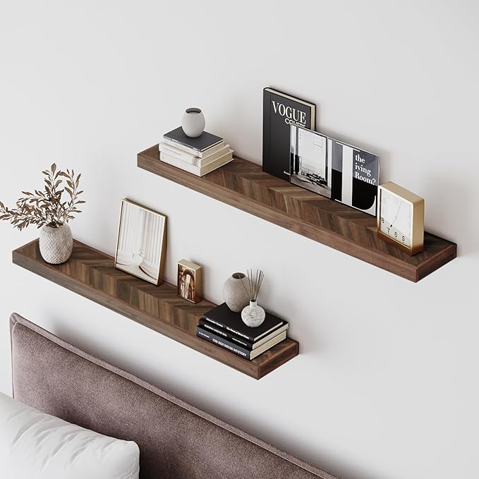 Howizz 24'' Chevron Floating Shelves for Wall, Acacia Wood Wall Mounted Shelves with Invisible Brackets, Rustic Wooden Shelf Set of 2 for Living Room, Bedroom, Bathroom, Kitchen Decor, Dark Walnut
