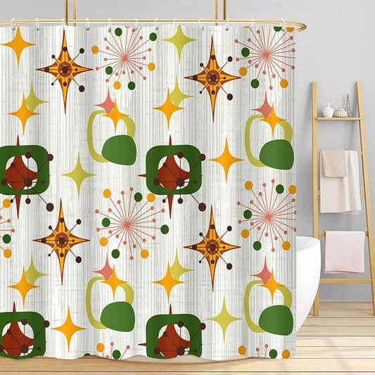 Mid Century Shower Curtain, 72x84inch, Modern Abstract Retro Green Striped Geometric Shower Curtain Sets 1950s Boho Bathroom Shower Curtain with 12 Hooks