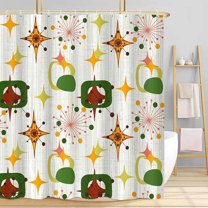 Mid Century Shower Curtain, 72x78inch, Modern Abstract Retro Green Striped Geometric Shower Curtain Sets 1950s Boho Bathroom Shower Curtain with 12 Hooks