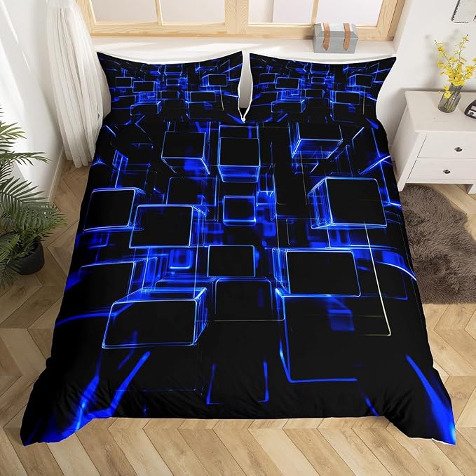 Erosebridal Honeycomb Blue and Black Kids Duvet Cover, Modern Geometric Square Bedding Sets for Boys Girls Gradient Neon Light Abstract Bed Set Twin 2 Pieces, Zipper Closure