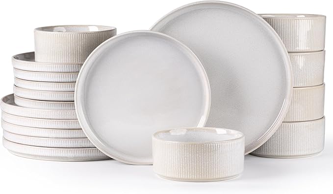 GBHOME 18-Piece Stoneware Dinnerware Set for 6 – Ribbed Ceramic Plates and Bowls, Scratch-Resistant, Microwave & Dishwasher Safe, Reactive Glaze, Sugar White