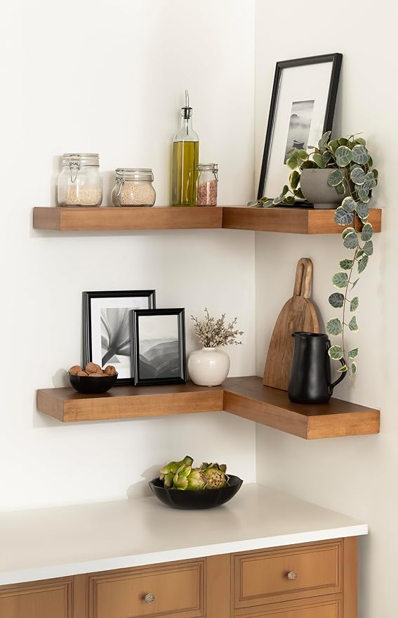 Kate and Laurel Havlock Modern Wood Two-Piece Floating Corner Shelf Set, 26 x 8 x 3, Rustic Brown, Wooden Corner Shelving with Unique Geometric Shape for Living Room Decor or Entryway Storage