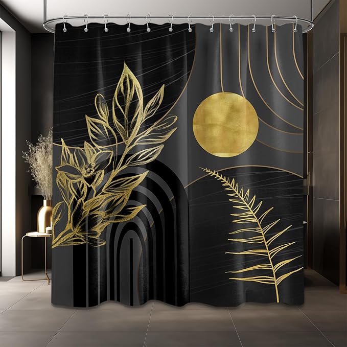Black and Gold Shower Curtain Boho Mid Century Black and Dark Grey and Gold Shower Curtains for Bathroom Decor, Waterproof Cloth Fabric with Hooks, 70" W x 78" L