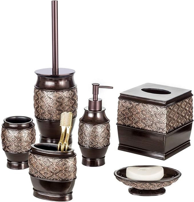 Creative Scents Dublin Brown Bathroom Accessories Set 6-Piece Resin Bathroom Decor Set Includes Toilet Bowl Brush and Holder, Tissue Box Cover, Soap Dispenser, Soap Dish, Cup, & Toothbrush Holder