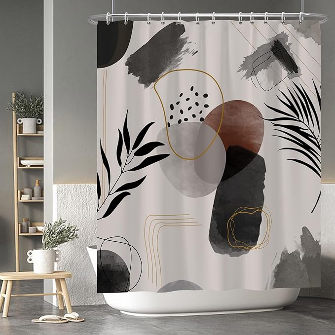 Baocicco Boho Shower Curtain Black Grey Plants Leaves Mid Century Modern Abstract Shower Curtains Decorative for Bathroom Waterproof Fabric Shower Curtain with Hooks 60x72 Inches
