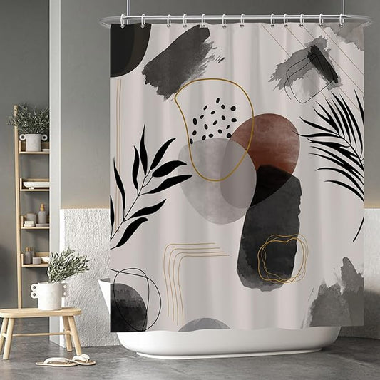 Baocicco Boho Shower Curtain Black Grey Plants Leaves Mid Century Modern Abstract Shower Curtains Decorative for Bathroom Waterproof Fabric Shower Curtain with Hooks 60x72 Inches