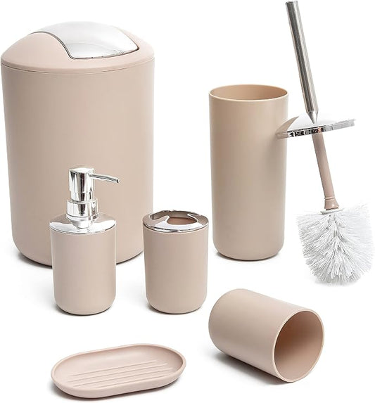 Moss & Stone 6-Piece Bathroom Accessories Set, Includes Soap Dispenser, Toothbrush Holder, Toothbrush Cup, Soap Dish, Complete Bathroom Decor Set (Beige)