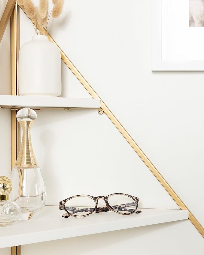 Kate and Laurel Melora Modern Glam Corner Shelf; 24 x 17 x 38; White and Gold; Glamorous Floating Corner Shelving with Four Shelves and Unique Geometric Shape