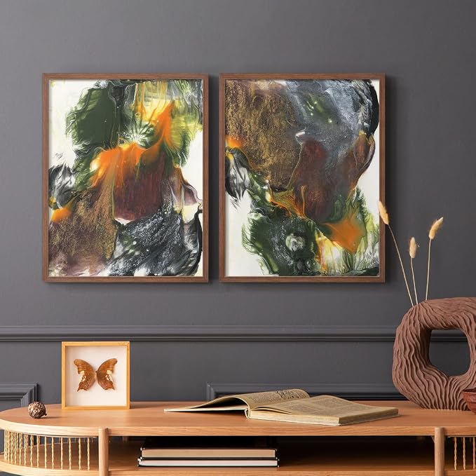 Renditions Gallery Set of 2 Peel & Stick Framed Prints, Watercolor Abstract Wall Art, Colorful Fluid Design Wall Decor, Re-Stickable - Ready to Hang - 16"x20" - Walnut Frame LT588