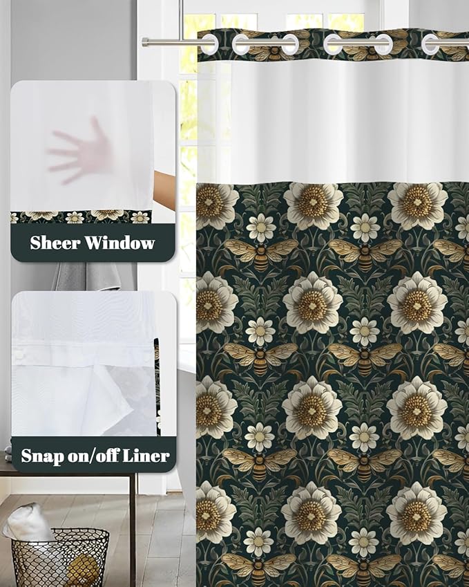No Hook Shower Curtain with Snap in Liner Set - Vintage William Morris Floral & Bee Print Shower Curtains for Modern Farmhouse Bathroom, Waterproof Bath Tub Curtain with Mesh Top, 71Wx74H