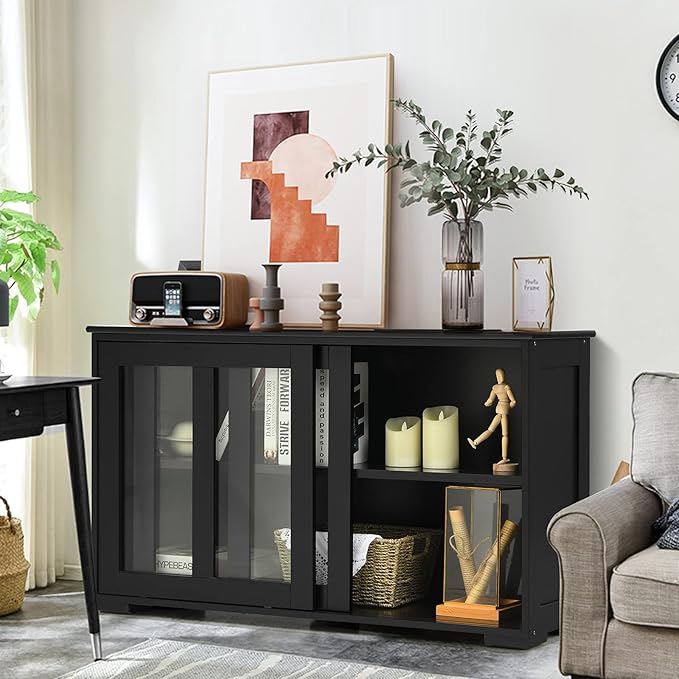 Sideboards Buffet Cabinet, Sliding Tempered Glass Door Coffee Bar, Console Table with Adjustable Shelf, Credenzas for Living Room, Stackable Kitchen Cupboard for Dining Room (Black)