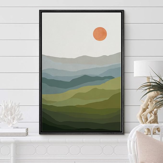 Woodrose Framed Canvas Print Wall Art Green, Blue & Gray Mountain Landscape Abstract Shapes Illustrations Modern Art Minimalist 3D Colorful Ultra for Living Room, Bedroom, Office - 24"x36" BLACK