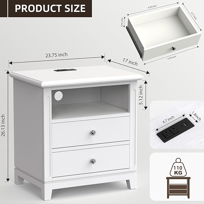 24" Wide Farmhouse Nightstand with Charging Station, Solid Wood End Table with 2 Large Drawers & Open Shelf, Bedside Table with USB Ports and Outlets, Side End Table for Bedroom