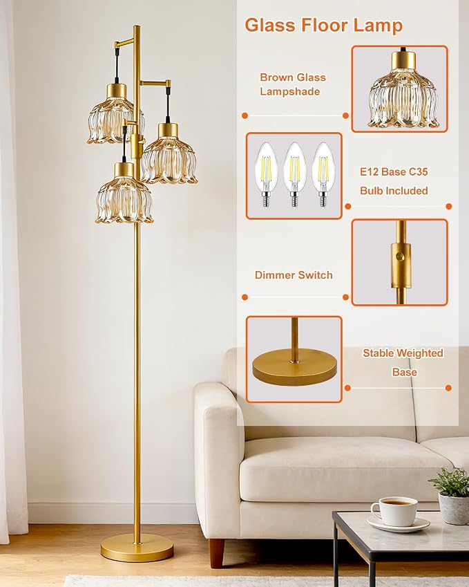 3-Light Modern Glass Floor Lamp, Gold Standing Tall Lamp with Amber Vertical Rib Glass Shade for Reading, Dimmable LED Floor Lamp with 5Lbs Heavy Base for Living Room Bedroom Home Decor, Bulb Included