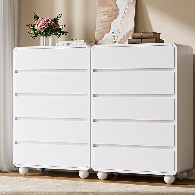 Lulive Wood Dresser for Bedroom, 41” Tall Chest of Drawers with 5 Drawers, Modern Closet Storage Drawer with Curved Profile Design for Living Room, Hallway, Entryway, White