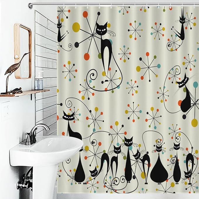 Mid Century Atomic Cat Shower Curtains, Atomic Abstract Geometric Cat Retro Pattern Waterproof Shower Curtains for Bathroom Decor 12 Pack Hooks 55x72in（140x183cm）