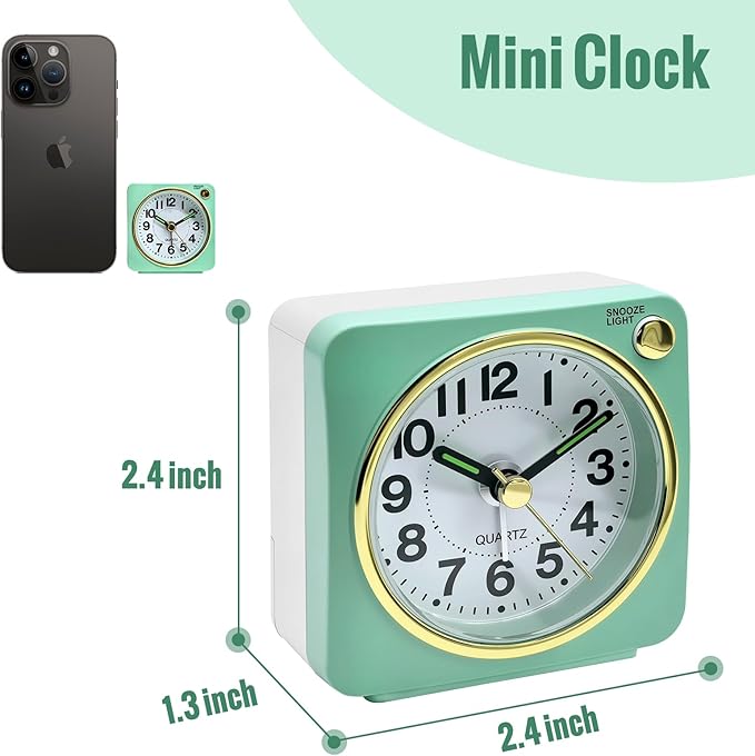 Lamisola Ultra Small Battery Analog Travel Alarm Clock, Retro Bedside Table Clocks for Bedrooms, Desk Clock, Vintage Home Decor for Bathroom Kichen Living Room, Mint