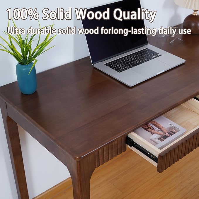 Solid Wood Desk with Drawer, Small Writing Desk for Small Spaces,Gaming Study Home Office Workbench woodenDesks for Work, 47 inch Wooden Computer Desk for Bedroom Walnut Color