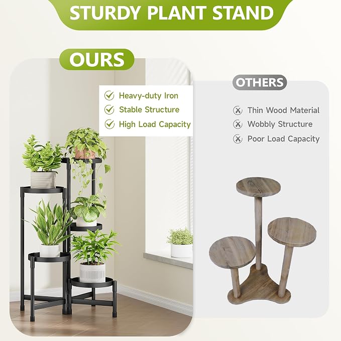 Cawukege 5 Tier Plant Stand Indoor, Tiered Plant Stand Outdoor for Multiple Plants, Corner Plant Shelf for Patio Balcony Porch Garden Living Room House, Black
