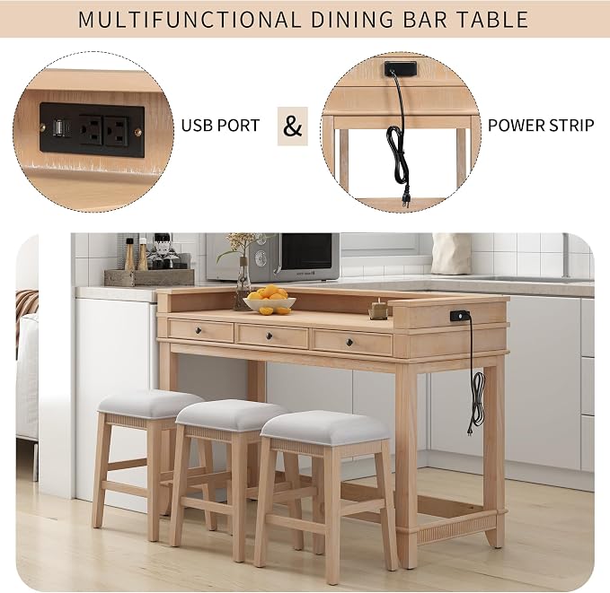 P PURLOVE 4 Piece Dining Bar Table Set with 3 Stools, Multifunctional, Industrial Style, USB Port, Space Saving, Solid Wood, Easy Assembly