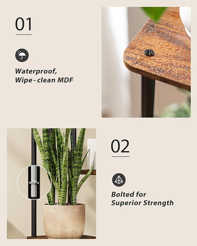 GENTINGBRO Corner Plant Stand Indoor 6 tiered plant shelf for Multiple Plants tall plant holder plant table metal shelving for Living Room Bedroom Balcony Patio Brown Oak with Light